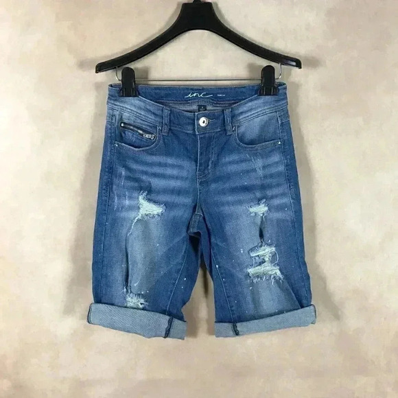 INC Cotton Curvy Distressed Shimmer Jean Bermuda Shorts - Picture 5 of 5